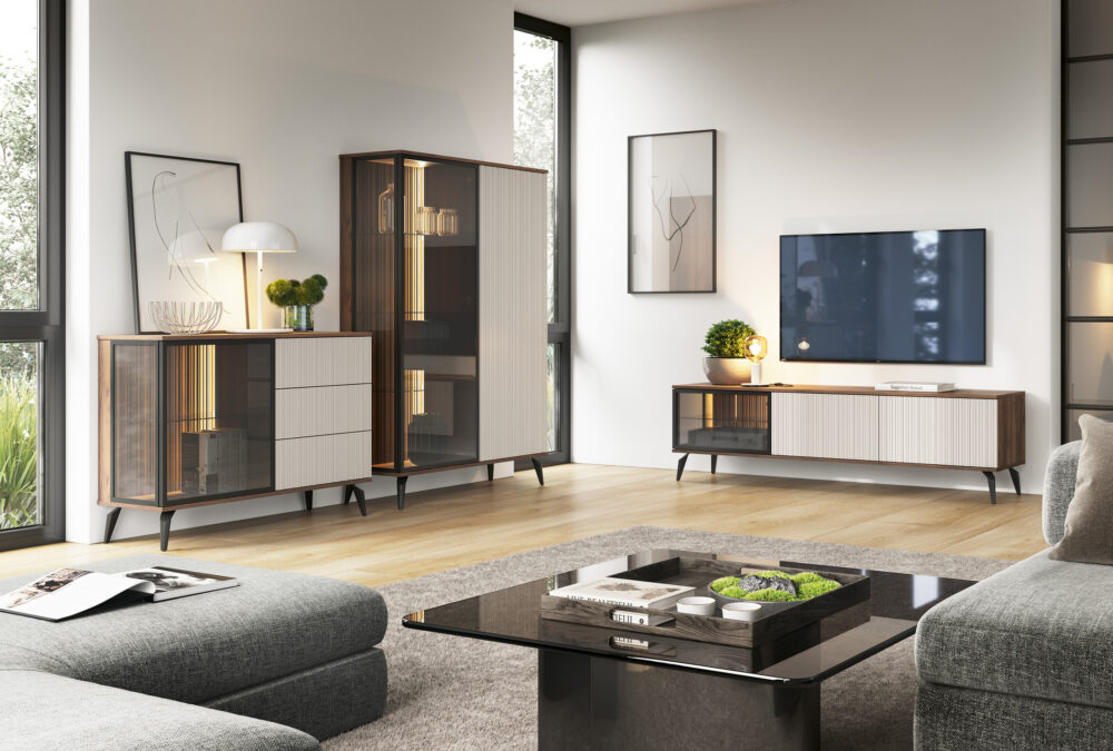 Hochschrank Dawson – Nussbaum – Kaschmir – Verglast – LED-Beleuchtung – Breite 103 cm, Höhe 162 cm, Tiefe 39 cm – Bild 5