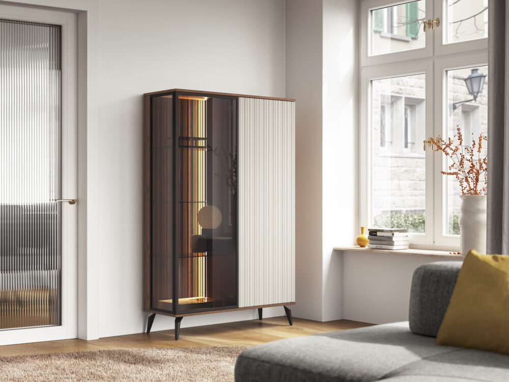 Hochschrank Dawson – Nussbaum – Kaschmir – Verglast – LED-Beleuchtung – Breite 103 cm, Höhe 162 cm, Tiefe 39 cm – Bild 6