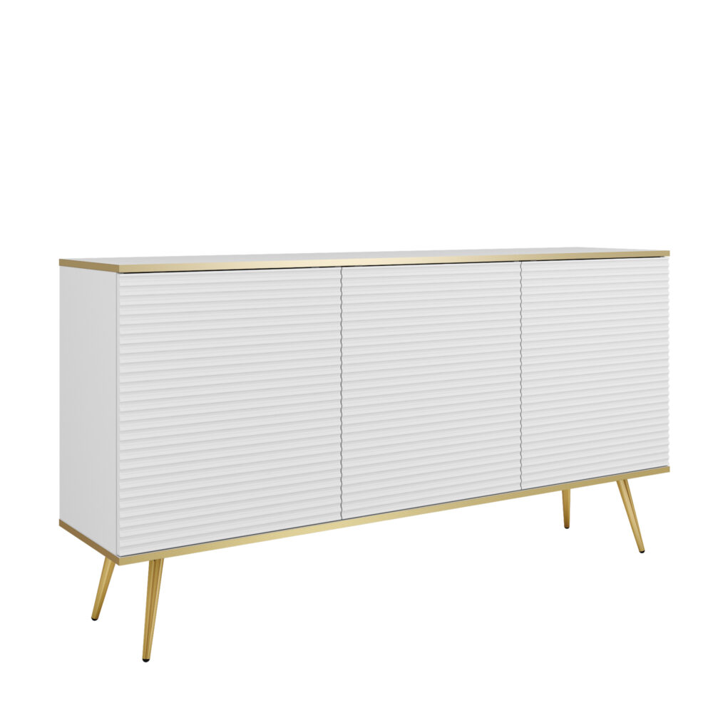 Kommode Banff K160 MDF - Weiß - Goldene Beine - Geriffelte Fronten - Breite 160 cm, Höhe 85 cm, Tiefe 39 cm