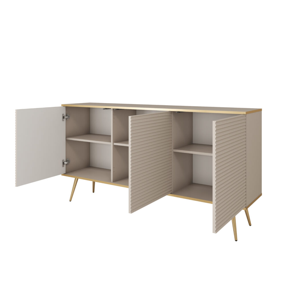 Kommode Banff K160 MDF - Weiß - Goldene Beine - Geriffelte Fronten - Breite 160 cm, Höhe 85 cm, Tiefe 39 cm – Bild 4