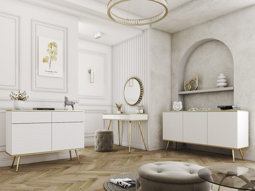 Kommode Banff K160 MDF - Weiß - Goldene Beine - Geriffelte Fronten - Breite 160 cm, Höhe 85 cm, Tiefe 39 cm – Bild 5