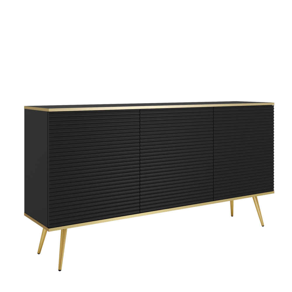 Kommode Banff K160 MDF - Schwarz - Goldene Beine - Geriffelte Fronten - Breite 160 cm, Höhe 85 cm, Tiefe 39 cm