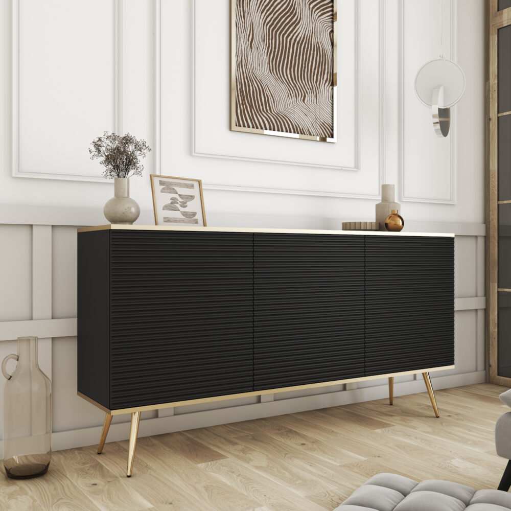 Kommode Banff K160 MDF - Schwarz - Goldene Beine - Geriffelte Fronten - Breite 160 cm, Höhe 85 cm, Tiefe 39 cm – Bild 2