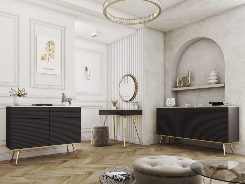 Kommode Banff K160 MDF - Schwarz - Goldene Beine - Geriffelte Fronten - Breite 160 cm, Höhe 85 cm, Tiefe 39 cm – Bild 5