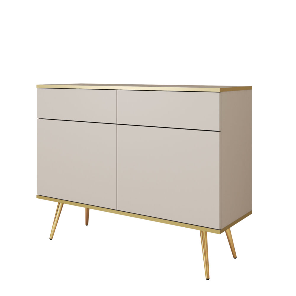 Kommode Banff KSZ107 - Beige - Goldene Beine - 2 Schubladen - Breite 107 cm, Höhe 85 cm, Tiefe 39 cm
