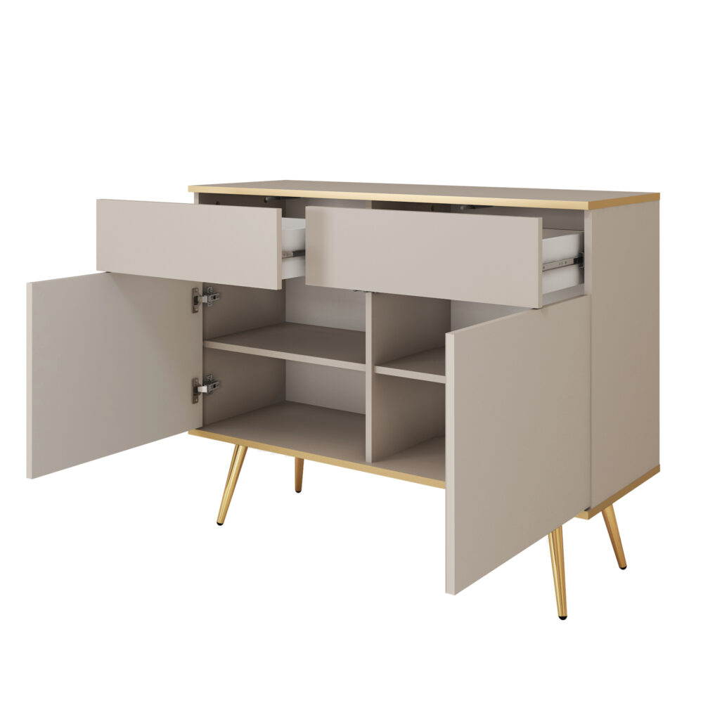 Kommode Banff KSZ107 - Beige - Goldene Beine - 2 Schubladen - Breite 107 cm, Höhe 85 cm, Tiefe 39 cm – Bild 4