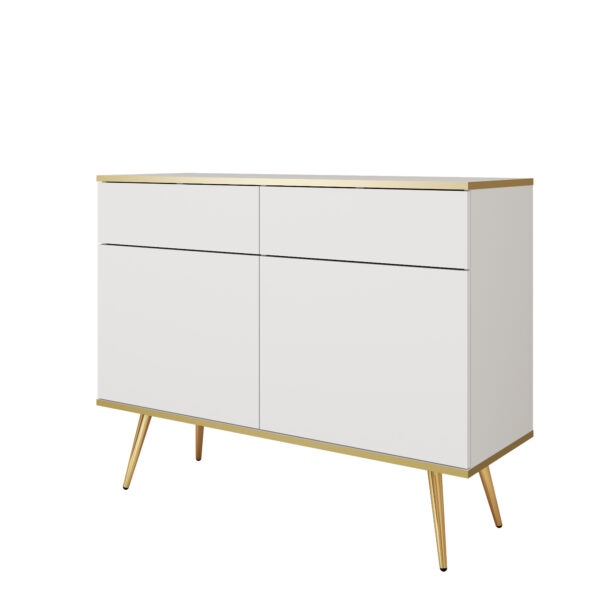 Kommode Banff KSZ107 - Weiß - Goldene Beine - 2 Schubladen - Breite 107 cm, Höhe 85 cm, Tiefe 39 cm