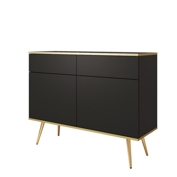 Kommode Banff KSZ107 - Schwarz - Goldene Beine - 2 Schubladen - Breite 107 cm, Höhe 85 cm, Tiefe 39 cm