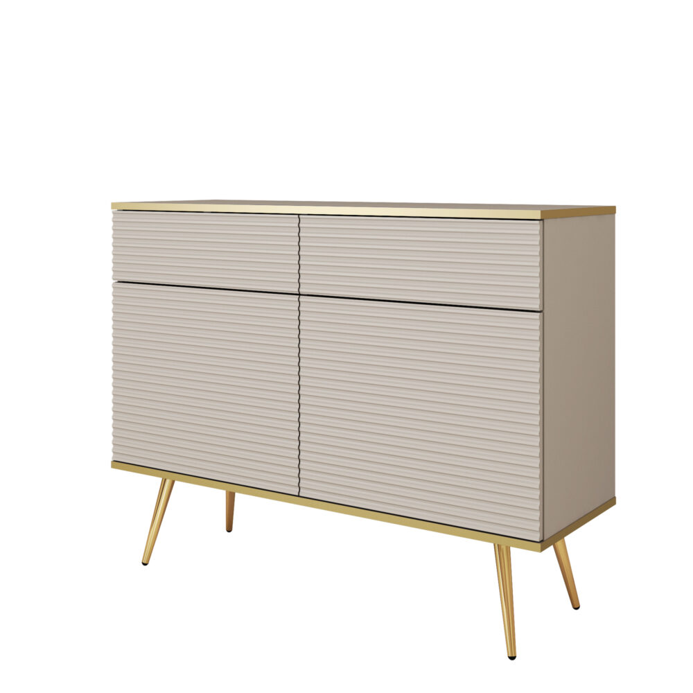 Kommode Banff KSZ107 MDF - Beige - Goldene Beine - Geriffelte Fronten - 2 Schubladen - Breite 107 cm, Höhe 85 cm, Tiefe 39 cm