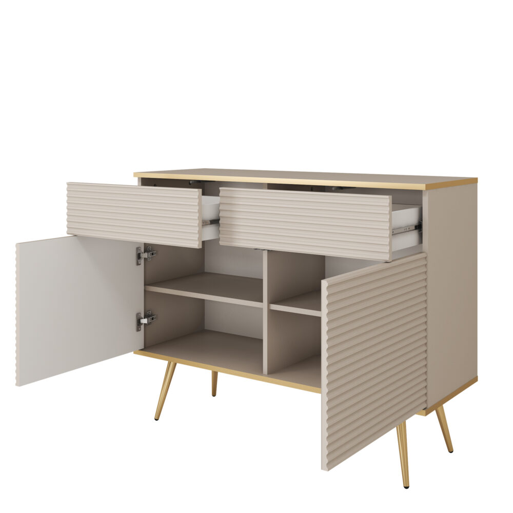 Kommode Banff KSZ107 MDF - Beige - Goldene Beine - Geriffelte Fronten - 2 Schubladen - Breite 107 cm, Höhe 85 cm, Tiefe 39 cm – Bild 4