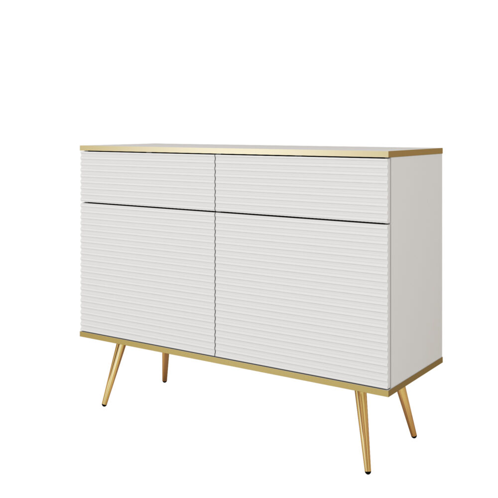 Kommode Banff KSZ107 MDF - Weiß - Goldene Beine - Geriffelte Fronten - 2 Schubladen - Breite 107 cm, Höhe 85 cm, Tiefe 39 cm