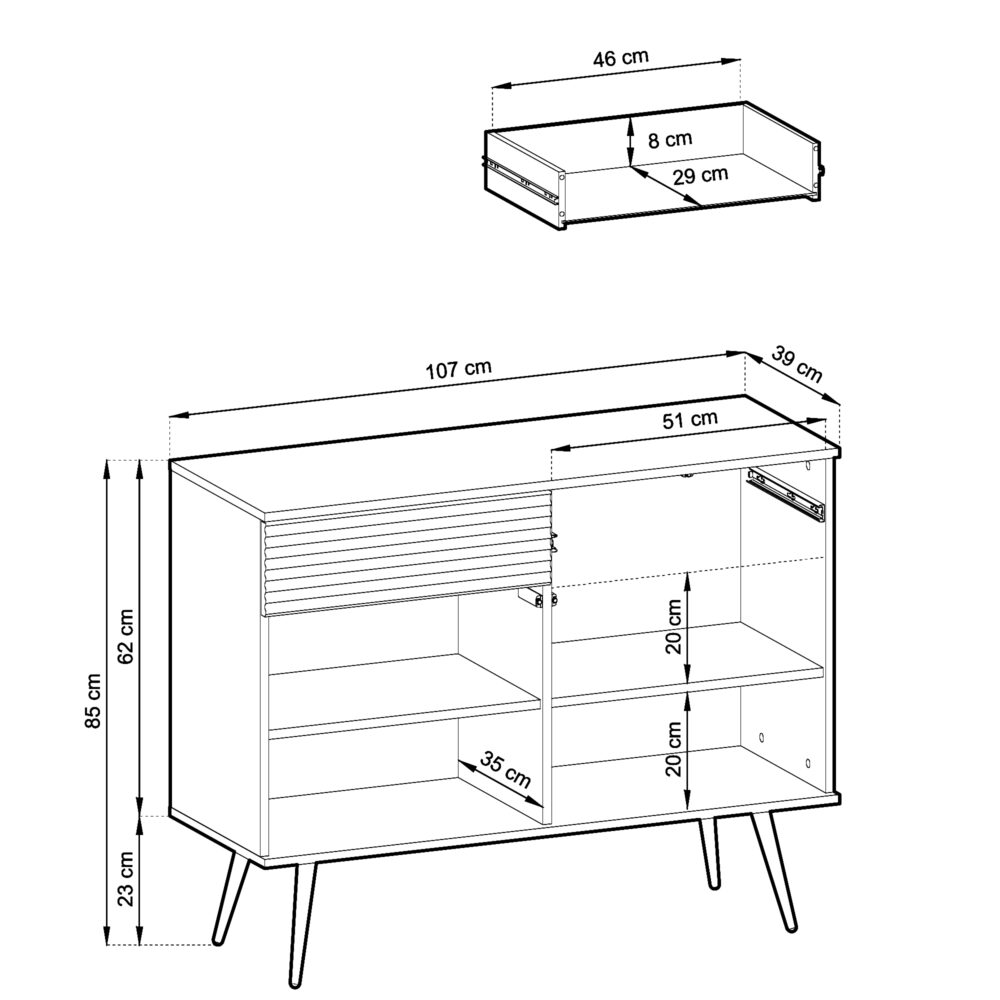 Kommode Banff KSZ107 MDF - Schwarz - Goldene Beine - Geriffelte Fronten - 2 Schubladen - Breite 107 cm, Höhe 85 cm, Tiefe 39 cm – Bild 3