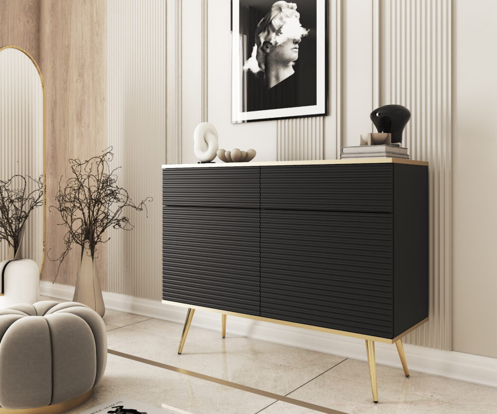Kommode Banff KSZ107 MDF - Schwarz - Goldene Beine - Geriffelte Fronten - 2 Schubladen - Breite 107 cm, Höhe 85 cm, Tiefe 39 cm – Bild 6