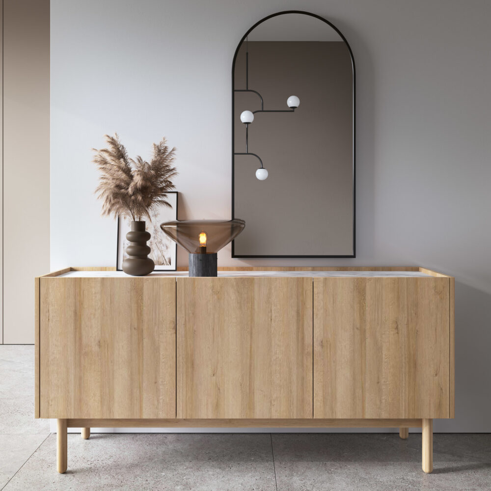 Kommode Revelstoke K144 68 cm, Eiche, Weißer Marmor, Holzbeine, Matt, Breite 144 cm, Höhe 68 cm, Tiefe 37 cm – Bild 2