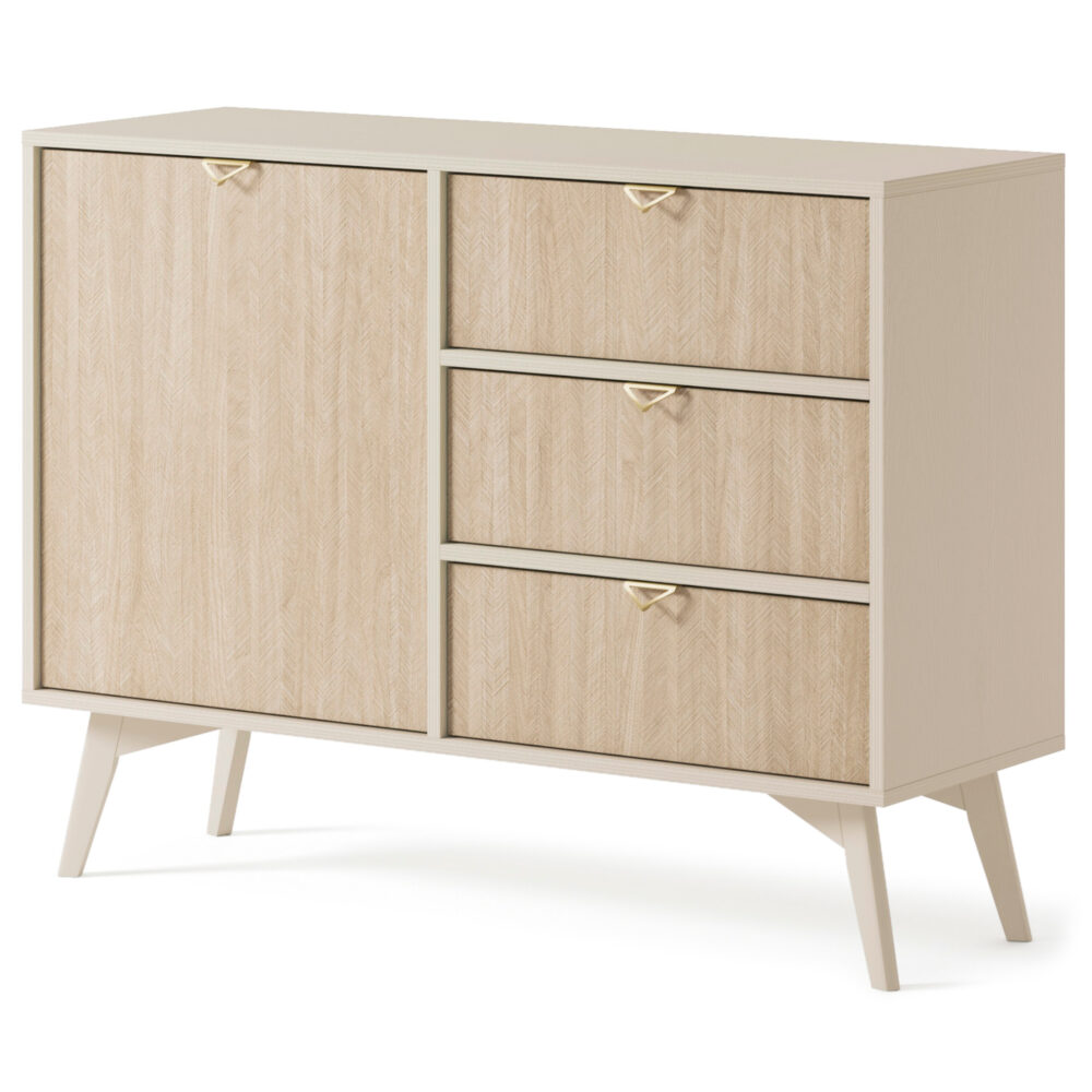 Kommode TOFINO - Eiche - Beige - Metallgriffe - Holzbeine - 3 Schubladen - Breite 106 cm, Höhe 80 cm, Tiefe 38 cm – Bild 1