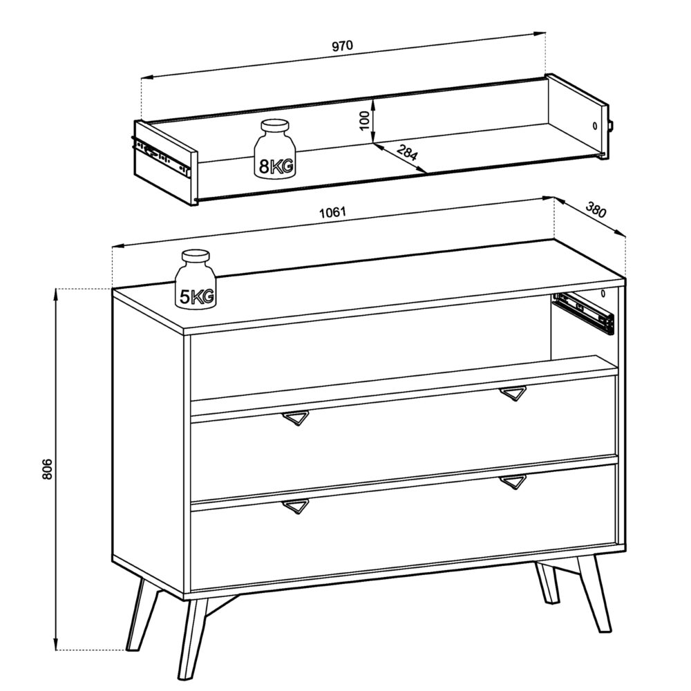 Kommode TOFINO - Eiche - Beige - Metallgriffe - Holzbeine - 3 Schubladen - Breite 106 cm, Höhe 80 cm, Tiefe 38 cm – Bild 3
