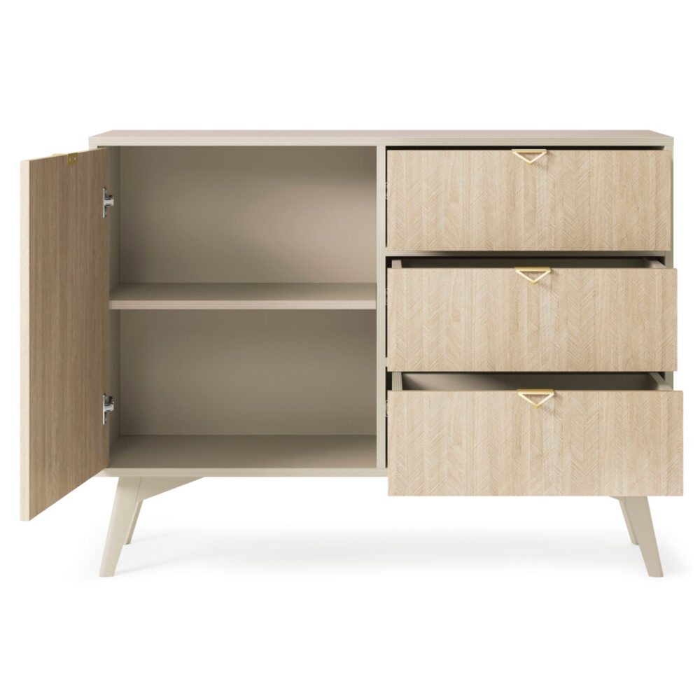 Kommode TOFINO - Eiche - Beige - Metallgriffe - Holzbeine - 3 Schubladen - Breite 106 cm, Höhe 80 cm, Tiefe 38 cm – Bild 4