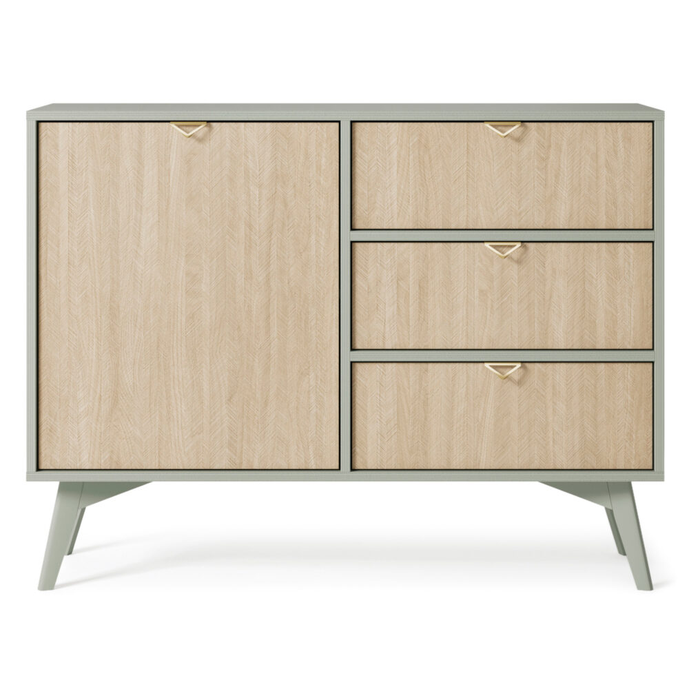 Kommode TOFINO - Eiche - Grün - Metallgriffe - Holze Beine - 3 Schubladen - Breite 106 cm, Höhe 80 cm, Tiefe 38 cm – Bild 8