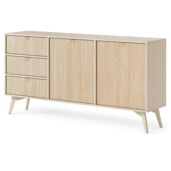 TV-Lowboard TOFINO - Eiche - Beige - Metallgriffe - Holzbeine - 3 Schubladen - Breite 158 cm, Höhe 80 cm, Tiefe 38 cm