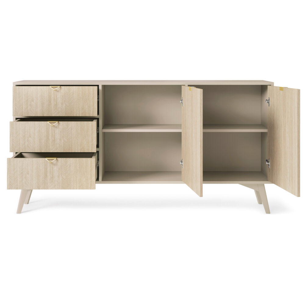 TV-Lowboard TOFINO - Eiche - Beige - Metallgriffe - Holzbeine - 3 Schubladen - Breite 158 cm, Höhe 80 cm, Tiefe 38 cm – Bild 4