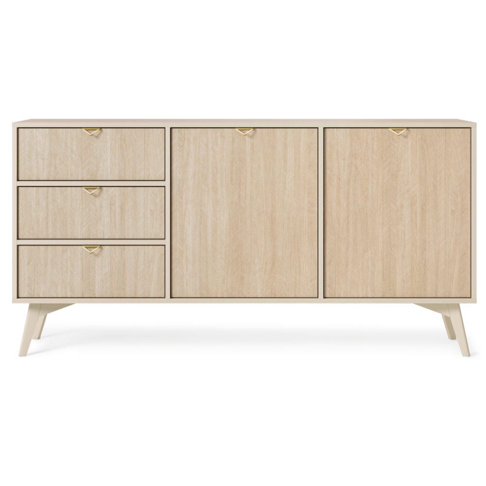 TV-Lowboard TOFINO - Eiche - Beige - Metallgriffe - Holzbeine - 3 Schubladen - Breite 158 cm, Höhe 80 cm, Tiefe 38 cm – Bild 8