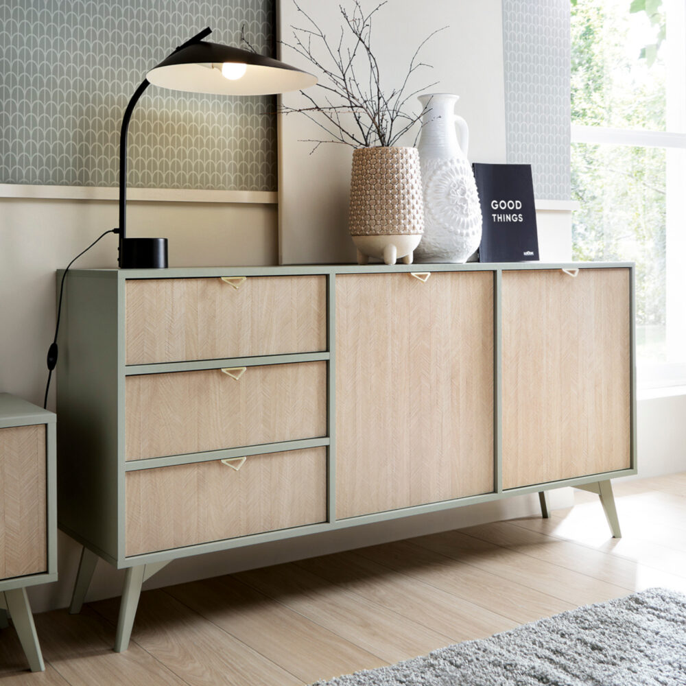 Kommode TOFINO - Eiche - Grün - Metallgriffe - 3 Schubladen - Breite 158 cm, Höhe 80 cm, Tiefe 38 cm – Bild 2