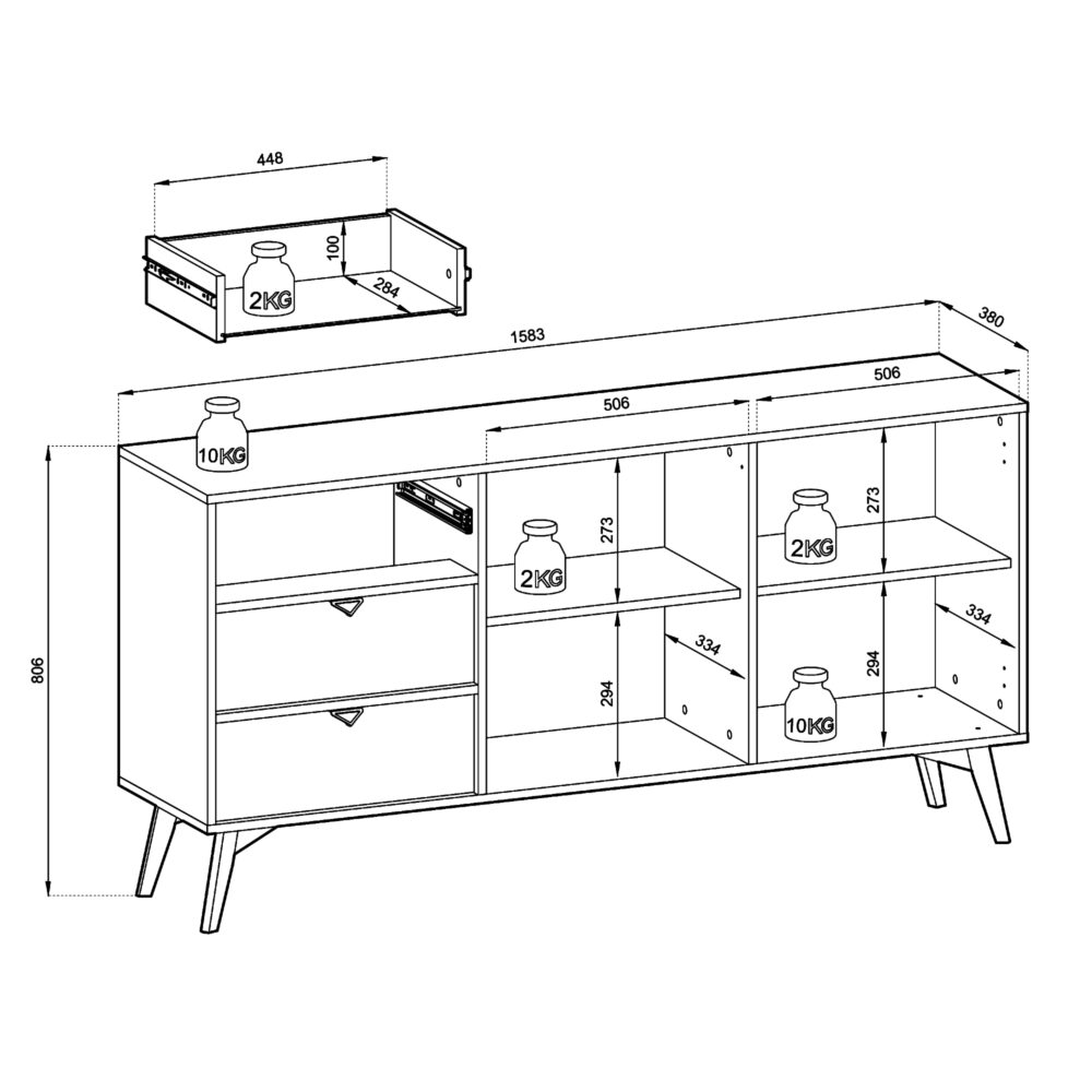 Kommode TOFINO - Eiche - Grün - Metallgriffe - 3 Schubladen - Breite 158 cm, Höhe 80 cm, Tiefe 38 cm – Bild 3