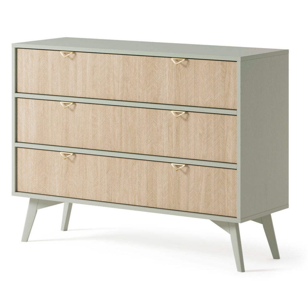 Kommode TOFINO - Eiche - Grün - Metallgriffe - 3 Schubladen - Breite 106 cm, Höhe 80 cm, Tiefe 38 cm