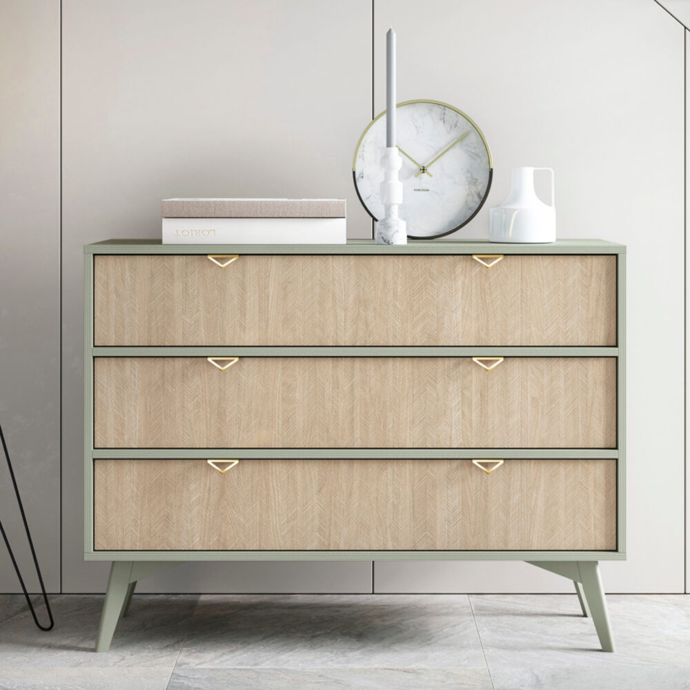 Kommode TOFINO - Eiche - Grün - Metallgriffe - 3 Schubladen - Breite 106 cm, Höhe 80 cm, Tiefe 38 cm – Bild 2