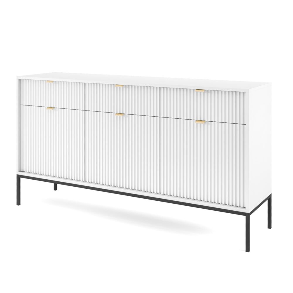 Kommode NANAIMO KSZ154 - Weiß - Goldene Griffe - 3 Schubladen - Breite 154 cm, Höhe 83 cm, Tiefe 39 cm