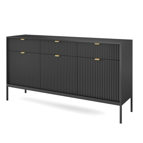 Kommode NANAIMO KSZ154 - Schwarz - Goldene Griffe - 3 Schubladen - Breite 154 cm, Höhe 83 cm, Tiefe 39 cm