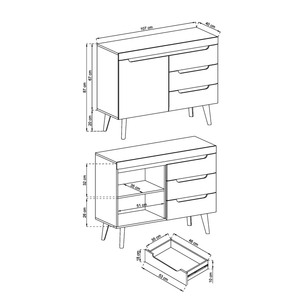 Kommode SUDBURRY NKSZ107 - Weiß - Hochglanzfront - 3 Schubladen - Breite 107 cm, Höhe 83 cm, Tiefe 40 cm – Bild 2