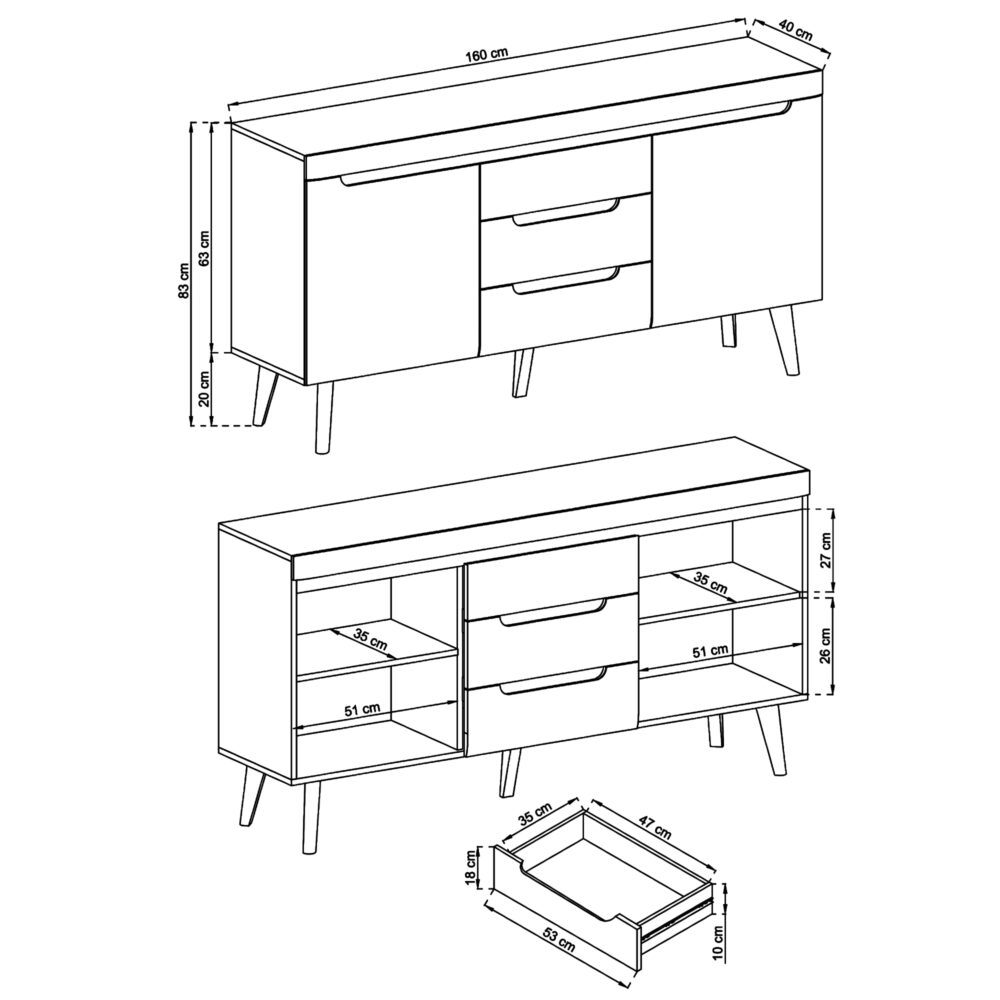 Kommode SUDBURRY NKSZ160 - Eiche - Schwarze Akzente - 3 Schubladen - Breite 160 cm, Höhe 83 cm, Tiefe 40 cm – Bild 3