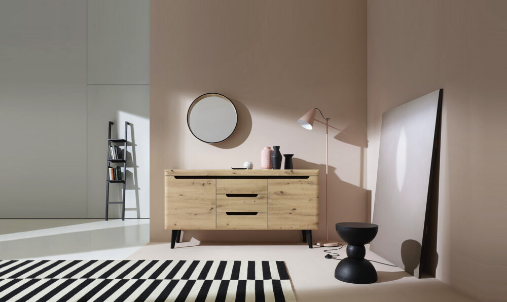 Kommode SUDBURRY NKSZ160 - Eiche - Schwarze Akzente - 3 Schubladen - Breite 160 cm, Höhe 83 cm, Tiefe 40 cm – Bild 6