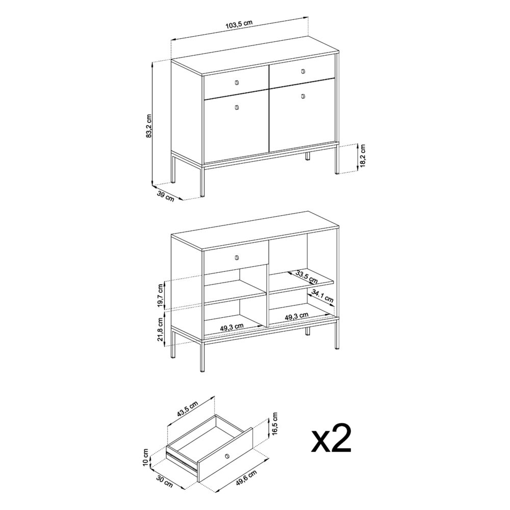 Kommode MONCTON MKSZ104 - Dunkelblau - Metallgriffe - 2 Schubladen - Breite 104 cm, Höhe 83 cm, Tiefe 39 cm – Bild 3