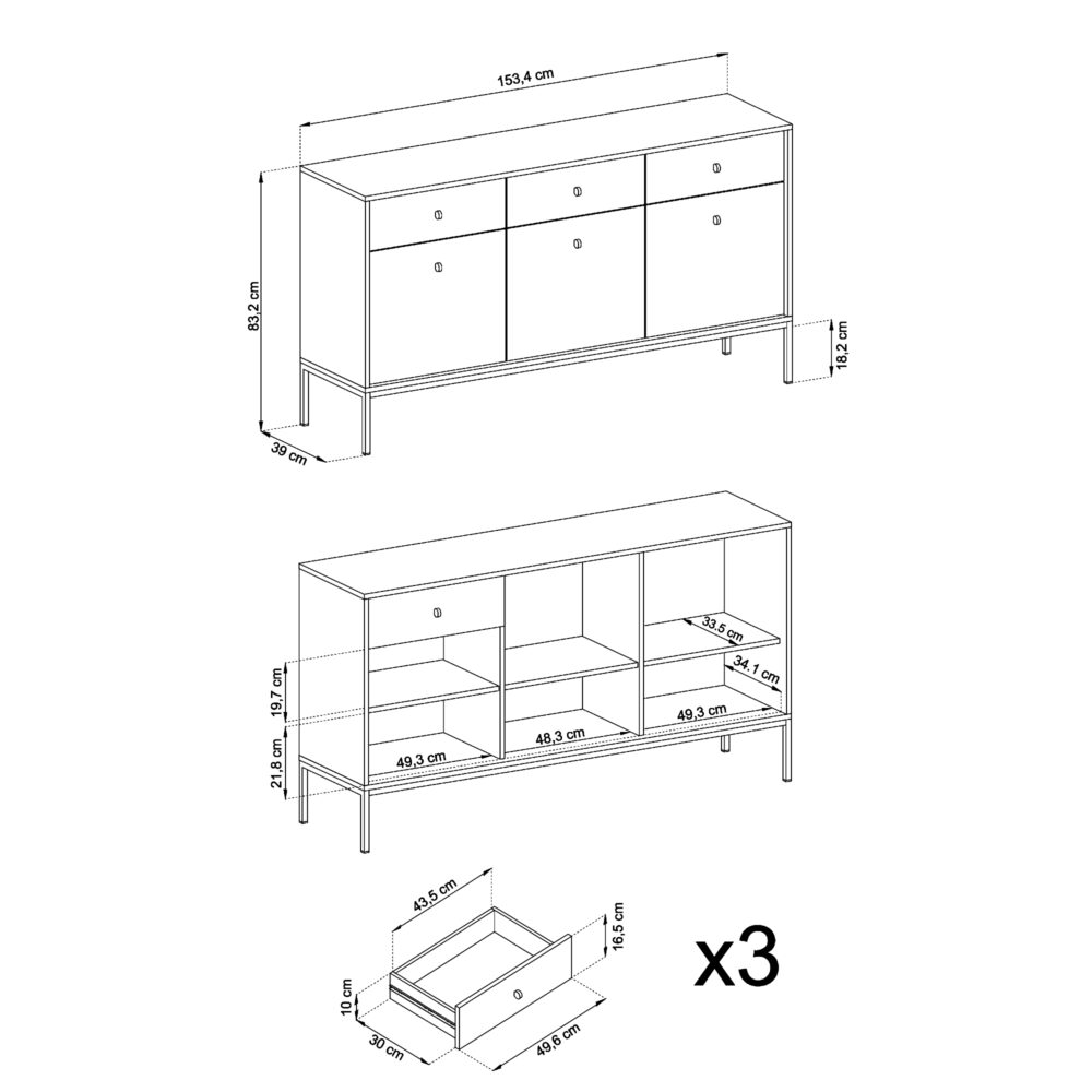 Kommode MONCTON MKSZ154 - Beige - Metallgriffe - 3 Schubladen - Breite 154 cm, Höhe 83 cm, Tiefe 39 cm – Bild 3