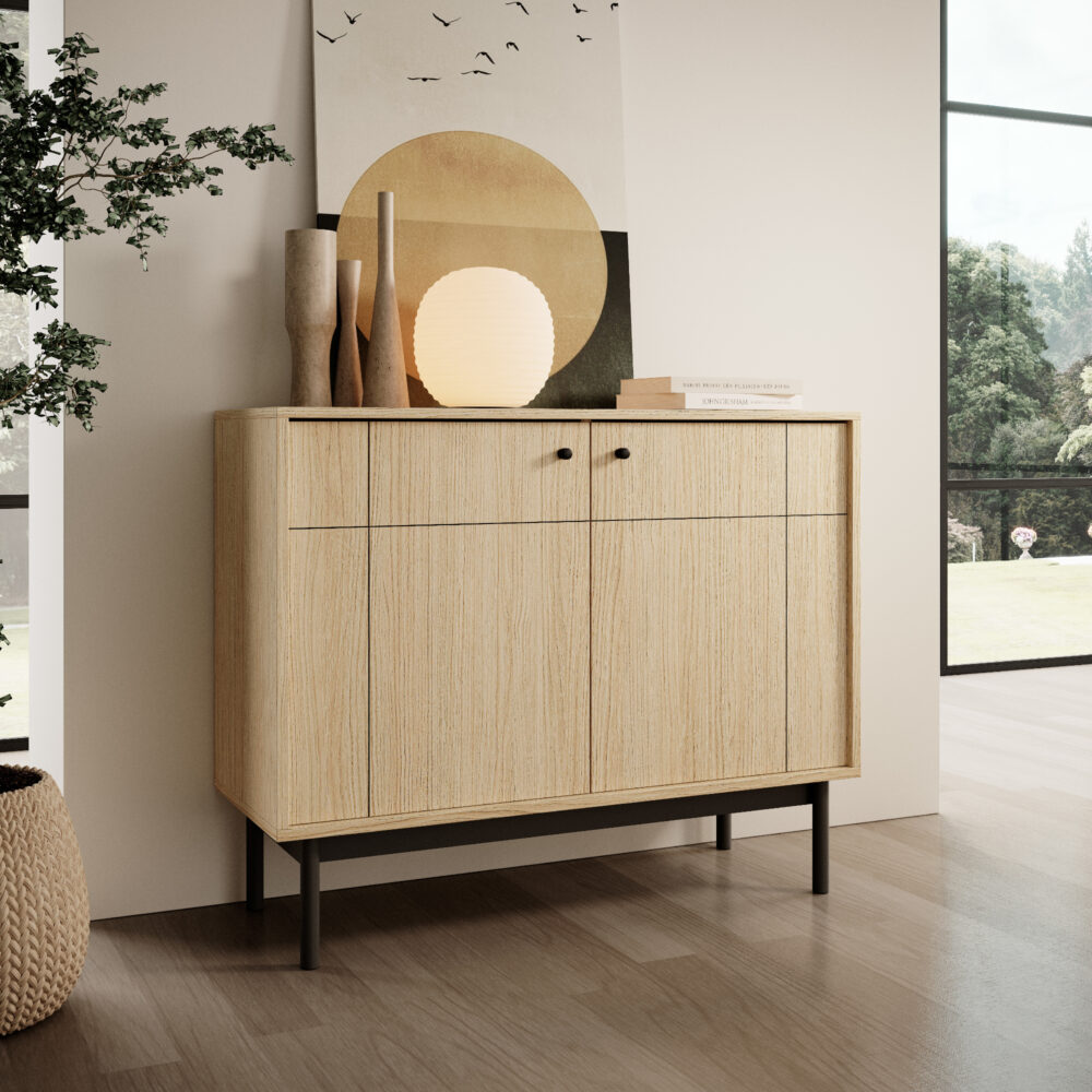 Kommode DIEPPE - Eiche - Metallgriffe - Holzbeine - Breite 104 cm, Höhe 83 cm, Tiefe 39 cm – Bild 2