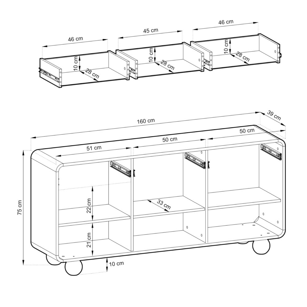 Kommode KAMLOOPS KSZ160 - Kaschmir - Abgerundet - 3 Schubladen - Breite 160 cm, Höhe 75 cm, Tiefe 39 cm – Bild 3