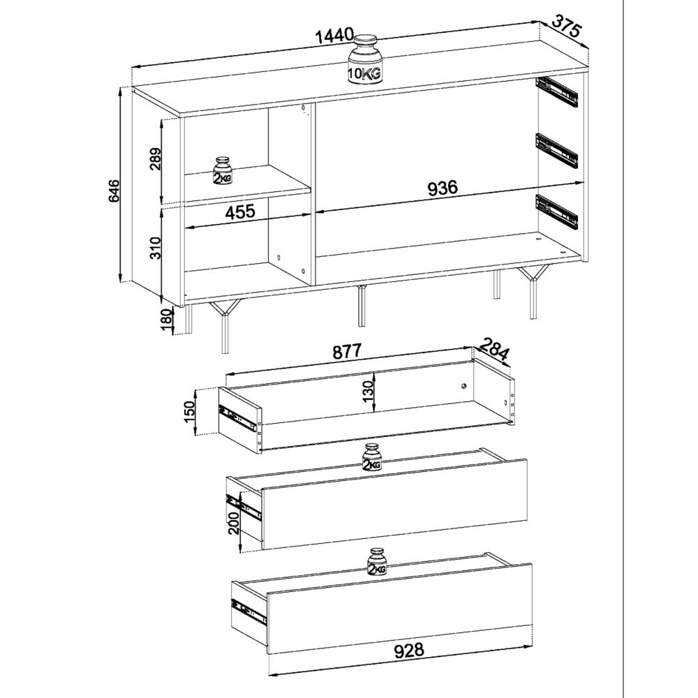 Kommode ORILLIA KSZ144 - Schwarz - Gefräste Front - 3 Schubladen - Breite 144 cm, Höhe 83 cm, Tiefe 38 cm – Bild 3