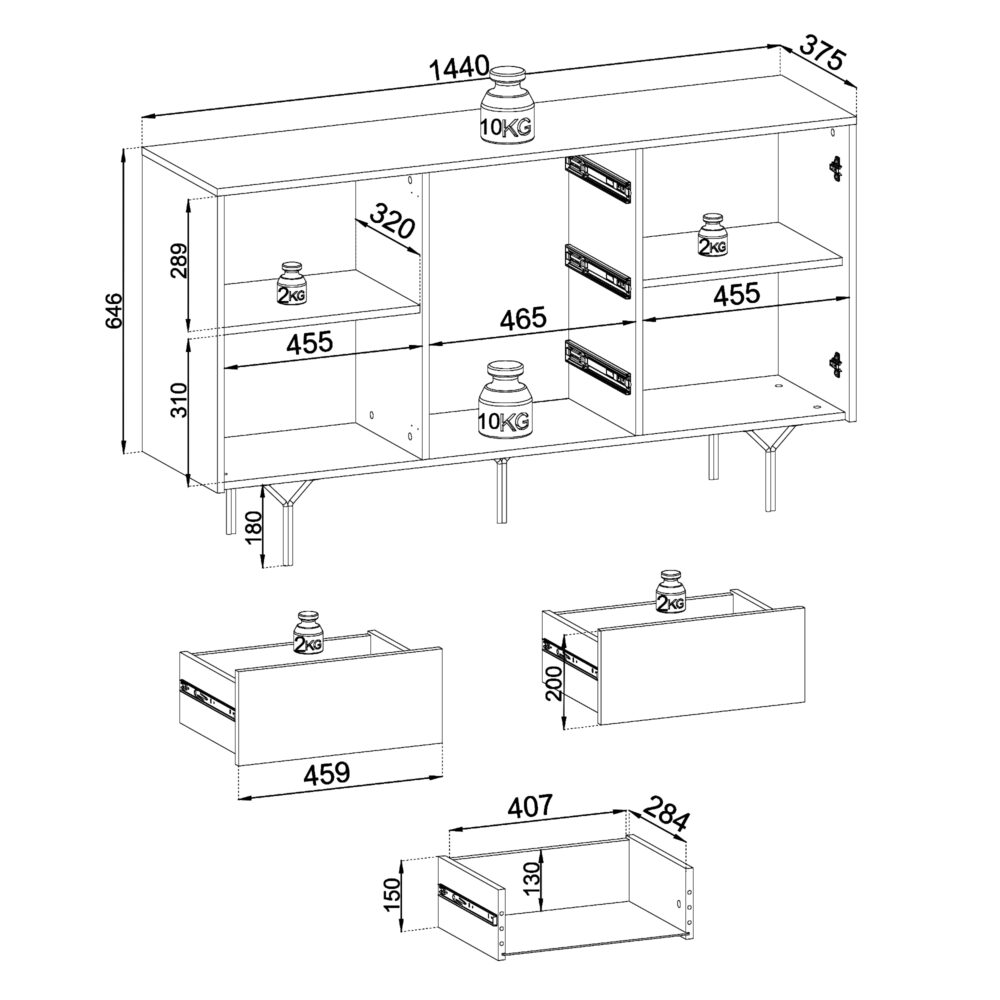 Kommode ORILLIA KSZ144 - Czarna - 2 Frezowane Fronty - 3 Schubladen - Breite 144 cm, Höhe 83 cm, Tiefe 38 cm – Bild 3