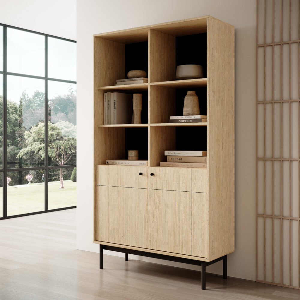 Hohes Standregal DIEPPE - Eiche - Metallgriffe - Holzbeine - Breite 104 cm, Höhe 184 cm, Tiefe 39 cm – Bild 2