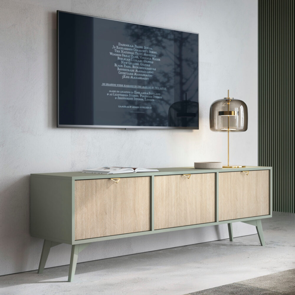 TV-Lowboard Tofino - Eiche - Grün - Metallgriffe - Holzbeine - Breite 158 cm, Höhe 52 cm, Tiefe 38 cm – Bild 2