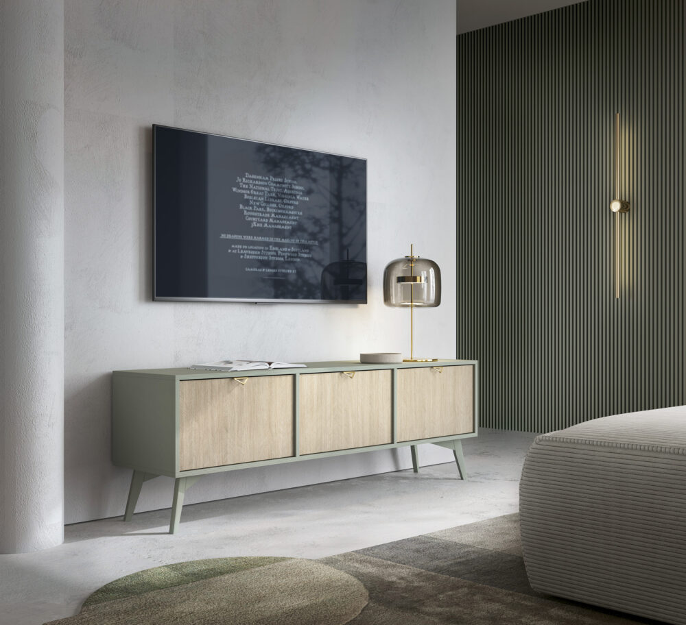 TV-Lowboard Tofino - Eiche - Grün - Metallgriffe - Holzbeine - Breite 158 cm, Höhe 52 cm, Tiefe 38 cm – Bild 7