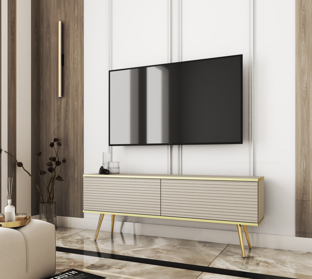 TV-Lowboard Banff RTV135 MDF - Beige - Goldene Beine - Geriffelte Fronten - Breite 135 cm, Höhe 53 cm, Tiefe 32 cm – Bild 2