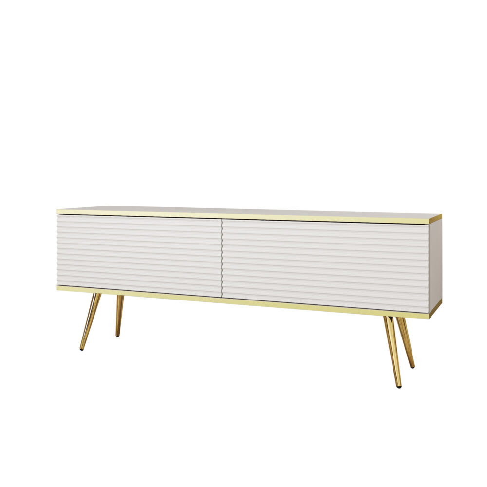 TV-Lowboard Banff RTV135 MDF - Weiß - Goldene Beine - Geriffelte Fronten - Breite 135 cm, Höhe 53 cm, Tiefe 32 cm