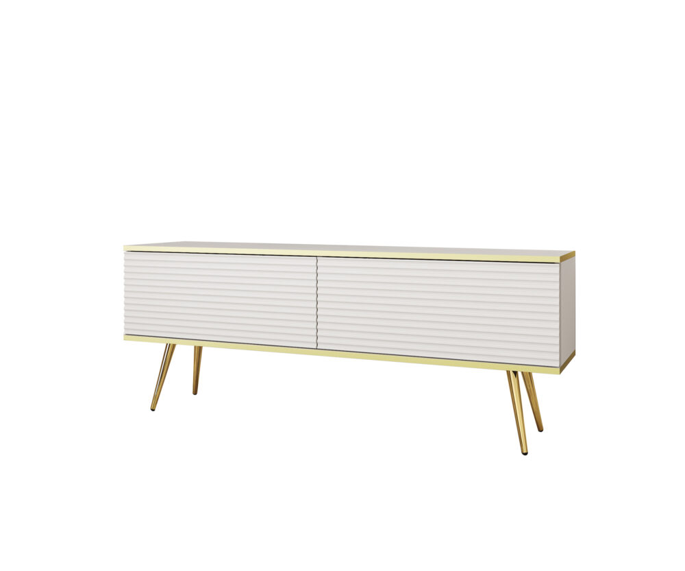 TV-Lowboard Banff RTV135 MDF - Weiß - Goldene Beine - Geriffelte Fronten - Breite 135 cm, Höhe 53 cm, Tiefe 32 cm – Bild 1