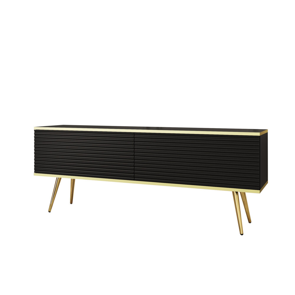 TV-Lowboard Banff RTV135 MDF - Schwarz - Goldene Beine - Geriffelte Fronten - Breite 135 cm, Höhe 53 cm, Tiefe 32 cm