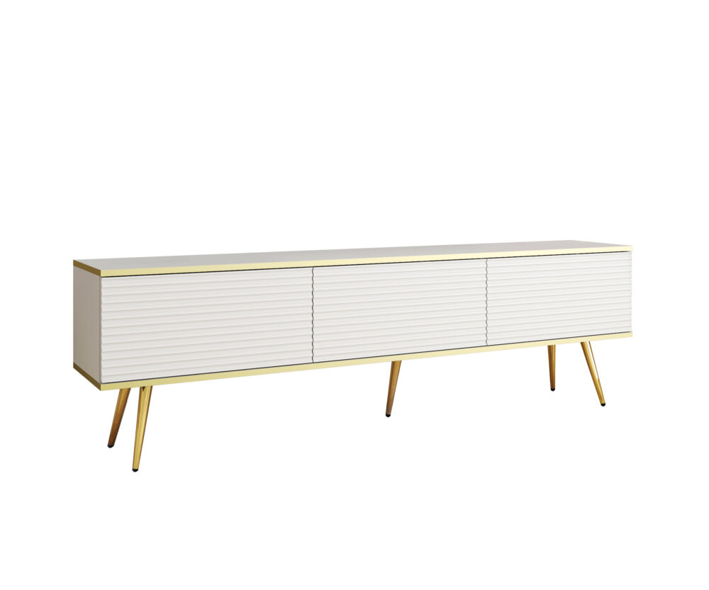 TV-Lowboard Banff RTV175 MDF - Weiß - Goldene Beine - Geriffelte Fronten - Breite 175 cm, Höhe 53 cm, Tiefe 32 cm – Bild 1