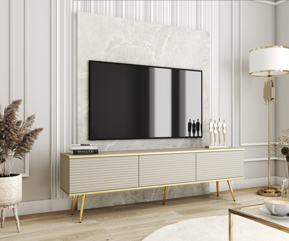 TV-Lowboard Banff RTV175 MDF - Beige - Goldene Beine - Geriffelte Fronten - Breite 175 cm, Höhe 53 cm, Tiefe 32 cm – Bild 2