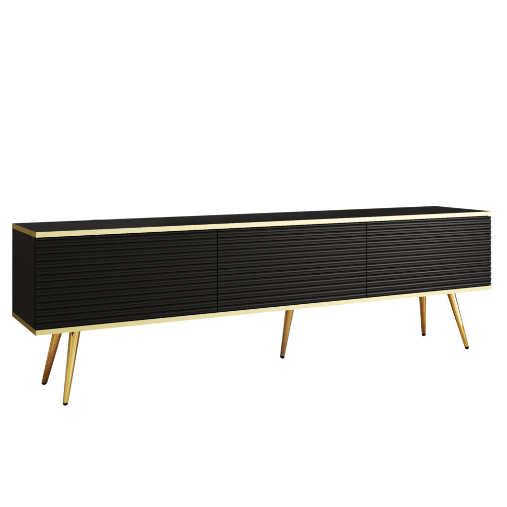 TV-Lowboard Banff RTV175 MDF - Schwarz - Goldene Beine - Geriffelte Fronten - Breite 175 cm, Höhe 53 cm, Tiefe 32 cm